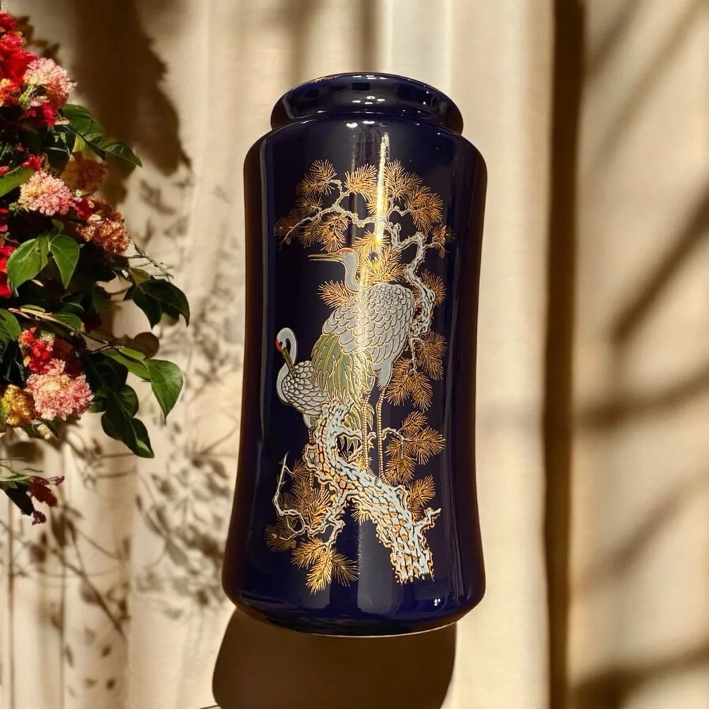 Vintage Japanese Cobalt Blue Porcelain Vase Crane & Pine Tree 6”